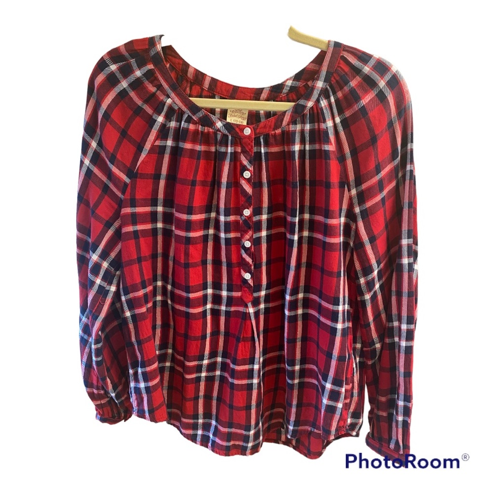 Faded Glory, red/navy plaid shirt with silver metallic thread accents. EUC.